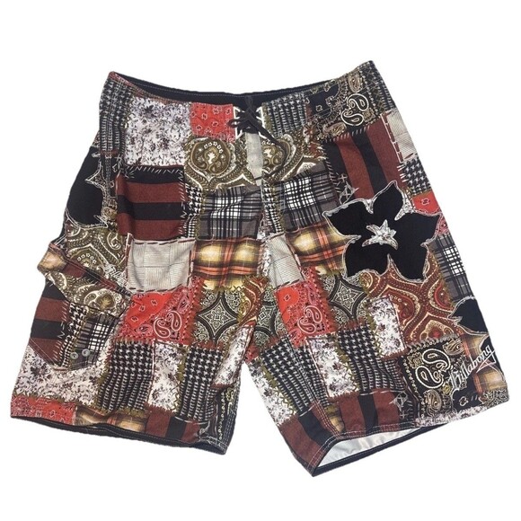 Y2K Billabong Board Shorts Mens 36 Patchwork Hibiscus Grunge Distressed Skater - Picture 1 of 10